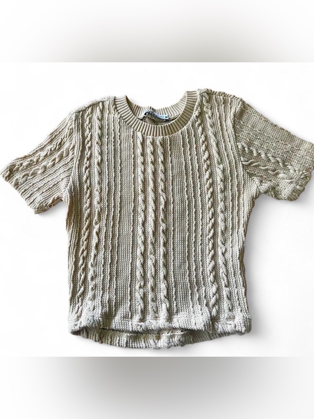 Zara Cream Cable Knit Short Sleeve Sweater Top Size Small